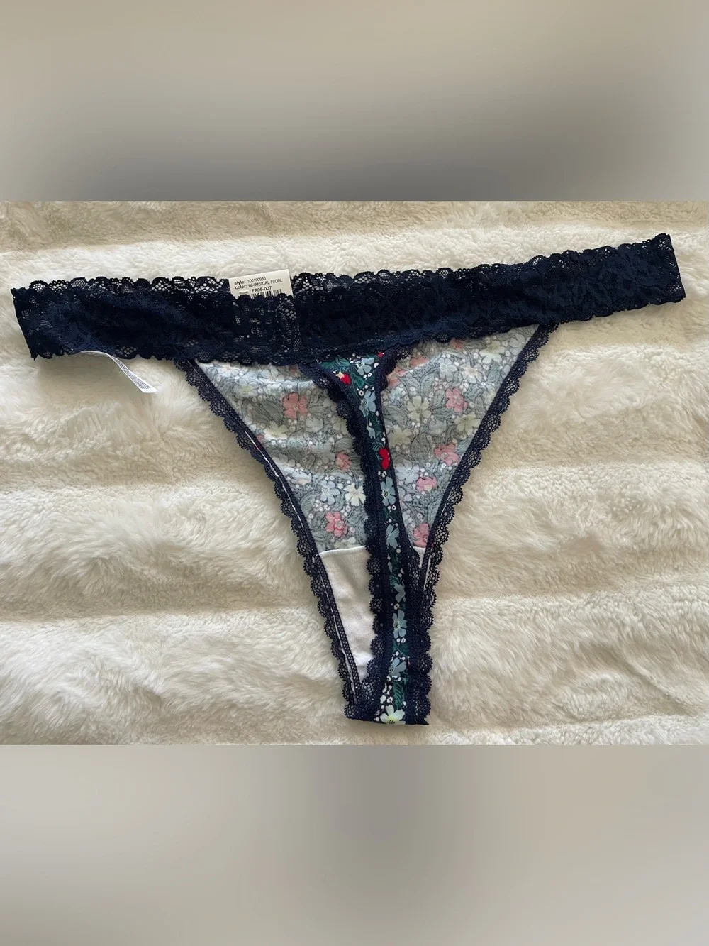 State of Day women’s cotton Floral Lace trim Thong  underwear- Navy multi 2XL